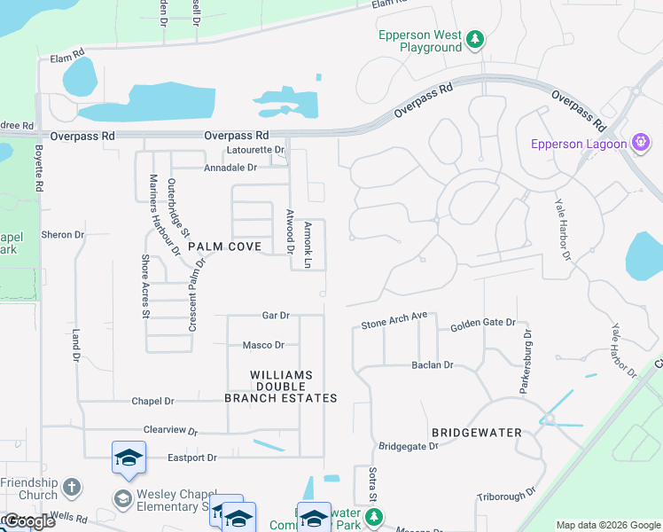 map of restaurants, bars, coffee shops, grocery stores, and more near 7501 Atwood Drive in Wesley Chapel