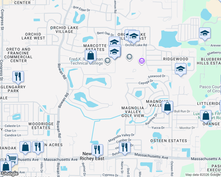 map of restaurants, bars, coffee shops, grocery stores, and more near 7218-7298 Mahaffey Dr in New Port Richey