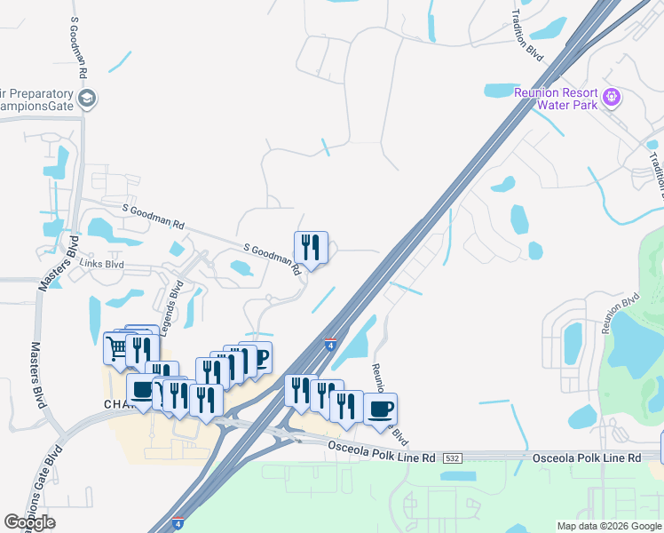 map of restaurants, bars, coffee shops, grocery stores, and more near 1375 Tuscana Lane in Davenport