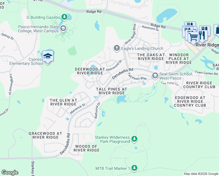 map of restaurants, bars, coffee shops, grocery stores, and more near 7534 Roland Court in New Port Richey