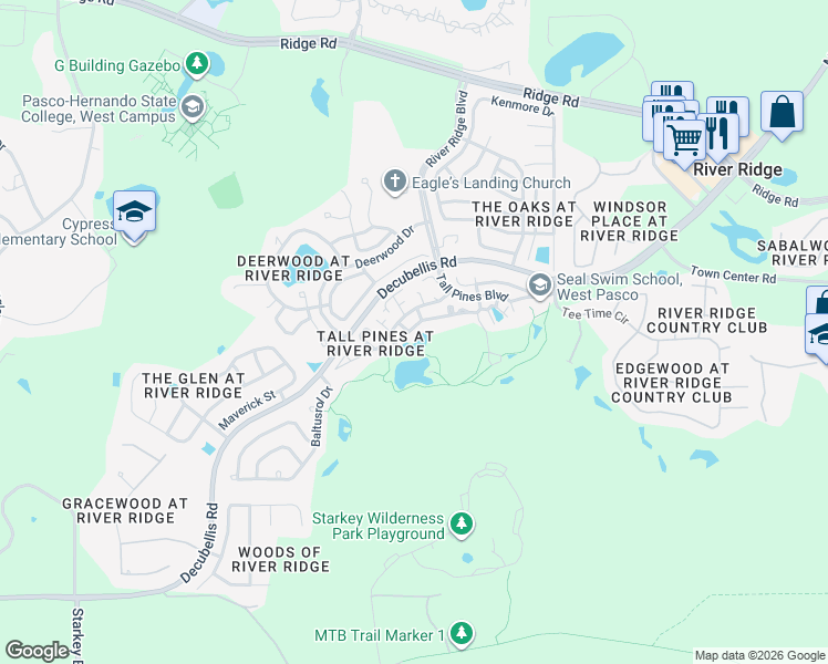 map of restaurants, bars, coffee shops, grocery stores, and more near 10700 Laquinta Drive in New Port Richey