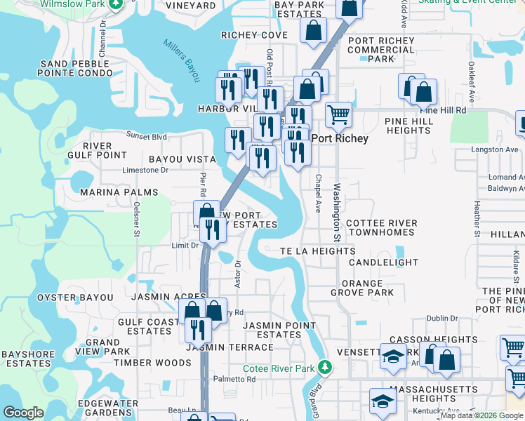 map of restaurants, bars, coffee shops, grocery stores, and more near 5460 Bellview Avenue in New Port Richey