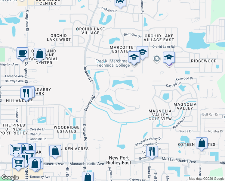 map of restaurants, bars, coffee shops, grocery stores, and more near 7235 Carlton Arms Drive in New Port Richey