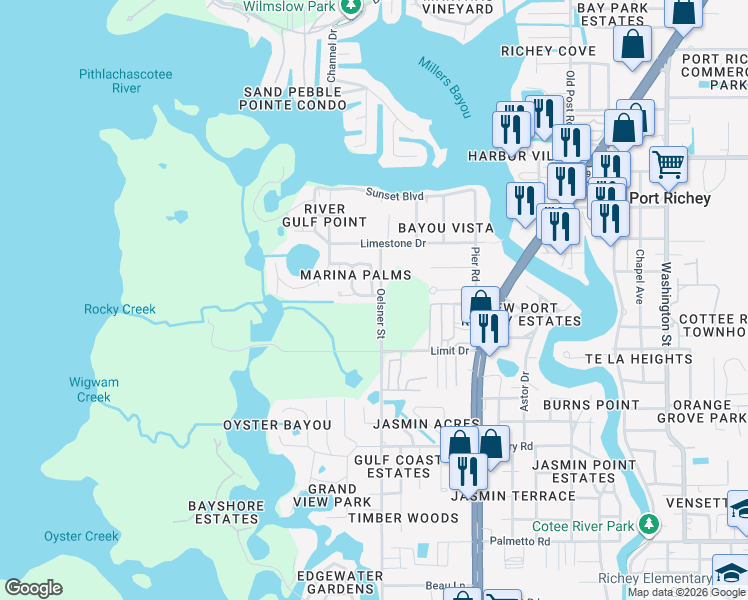 map of restaurants, bars, coffee shops, grocery stores, and more near 4962 Marina Palms Drive in Port Richey