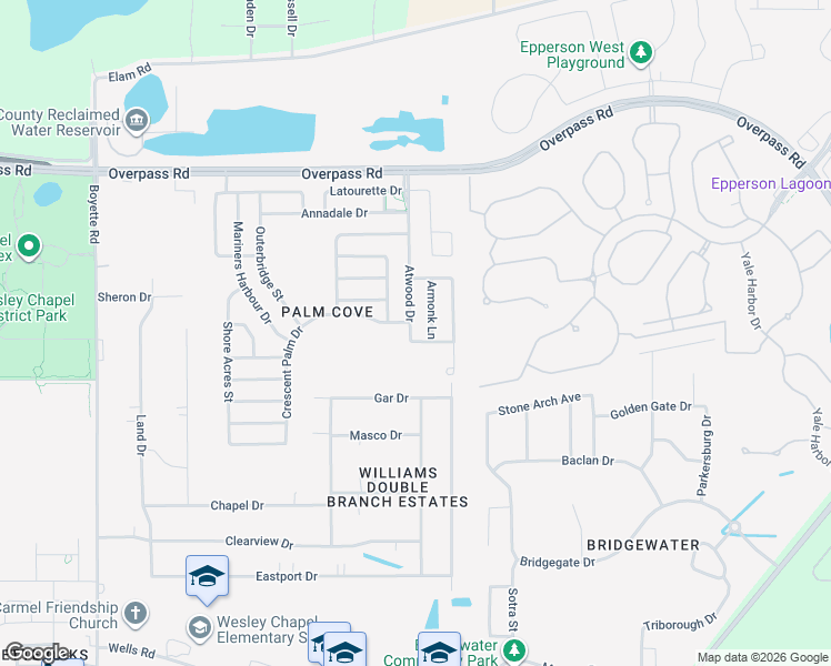 map of restaurants, bars, coffee shops, grocery stores, and more near 7610 Atwood Drive in Wesley Chapel