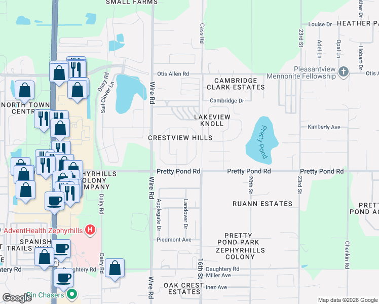 map of restaurants, bars, coffee shops, grocery stores, and more near 7935 Merchantville Circle in Zephyrhills