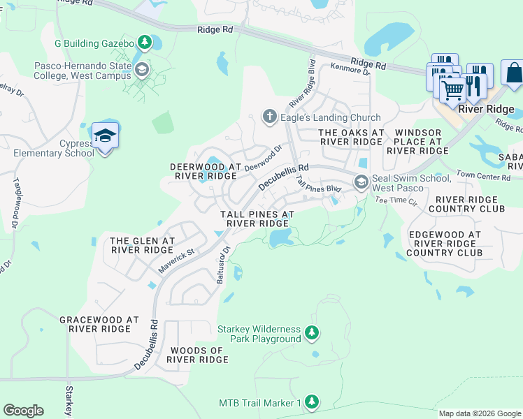 map of restaurants, bars, coffee shops, grocery stores, and more near 7534 Roland Court in New Port Richey