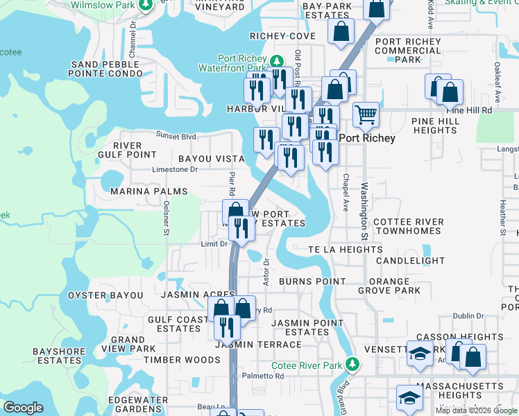 map of restaurants, bars, coffee shops, grocery stores, and more near 5325 Lark Lane in New Port Richey