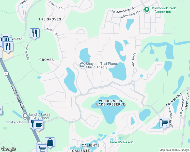 map of restaurants, bars, coffee shops, grocery stores, and more near 7548 Blue Spring Drive in Land O' Lakes