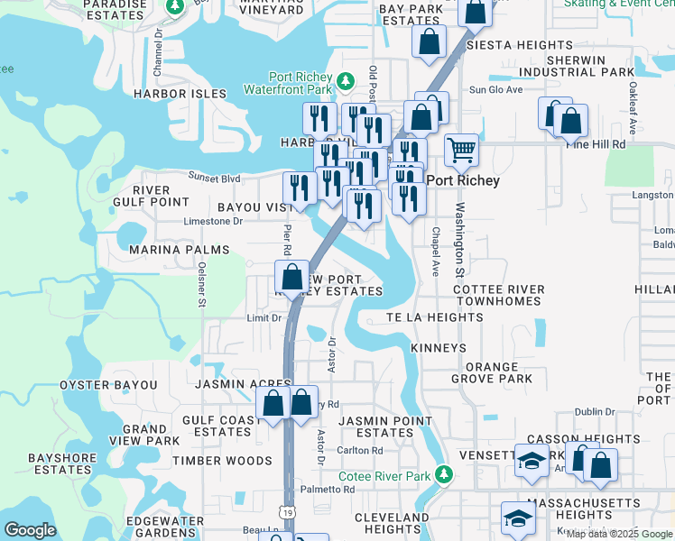 map of restaurants, bars, coffee shops, grocery stores, and more near 5412 Cotee River Drive in Port Richey