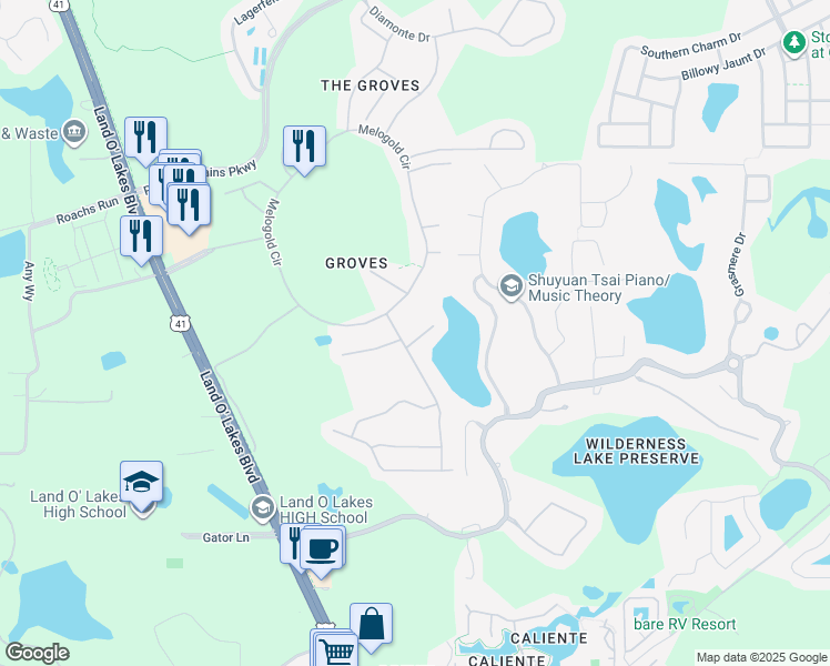 map of restaurants, bars, coffee shops, grocery stores, and more near 7547 Kinnow Court in Land O' Lakes