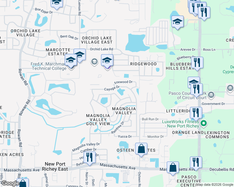 map of restaurants, bars, coffee shops, grocery stores, and more near 7808 Summertree Lane in New Port Richey