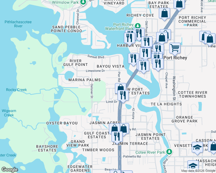 map of restaurants, bars, coffee shops, grocery stores, and more near 5118 Behms Court in Port Richey