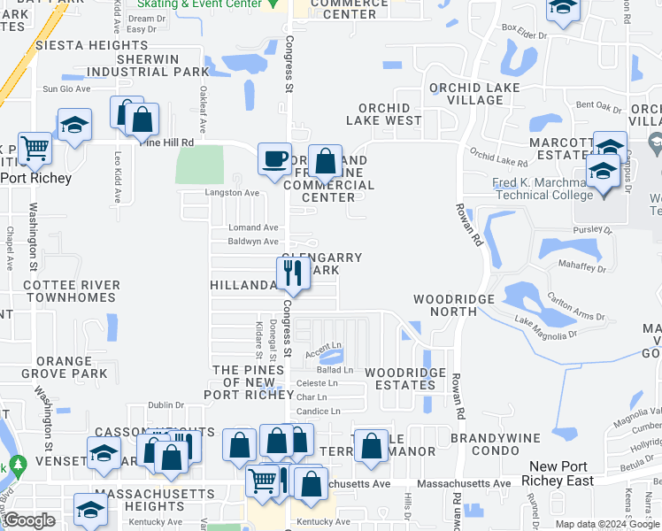 map of restaurants, bars, coffee shops, grocery stores, and more near 6615 Aberdeen Avenue in New Port Richey