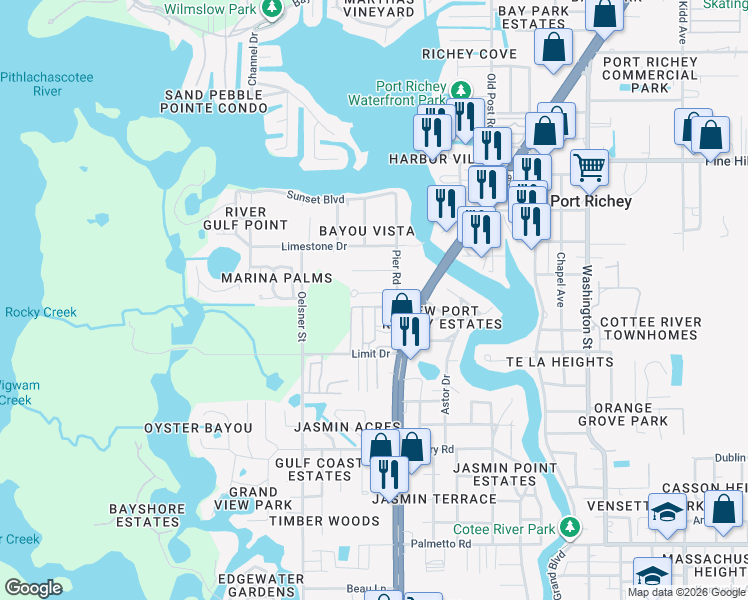 map of restaurants, bars, coffee shops, grocery stores, and more near 5118 Behms Court in Port Richey