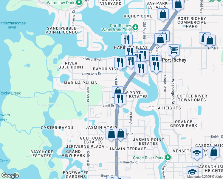 map of restaurants, bars, coffee shops, grocery stores, and more near 7601 Pier Road in Port Richey
