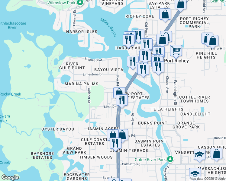 map of restaurants, bars, coffee shops, grocery stores, and more near 7601 Pier Road in Port Richey