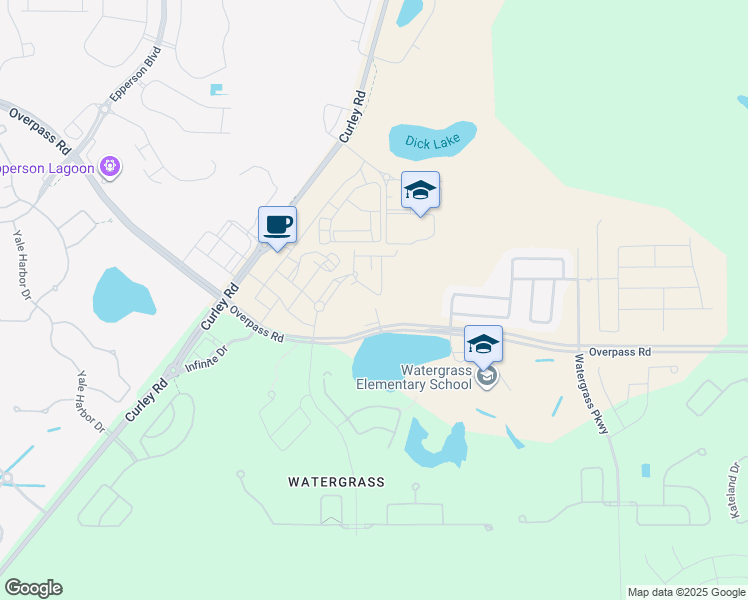 map of restaurants, bars, coffee shops, grocery stores, and more near Overpass Road in Wesley Chapel