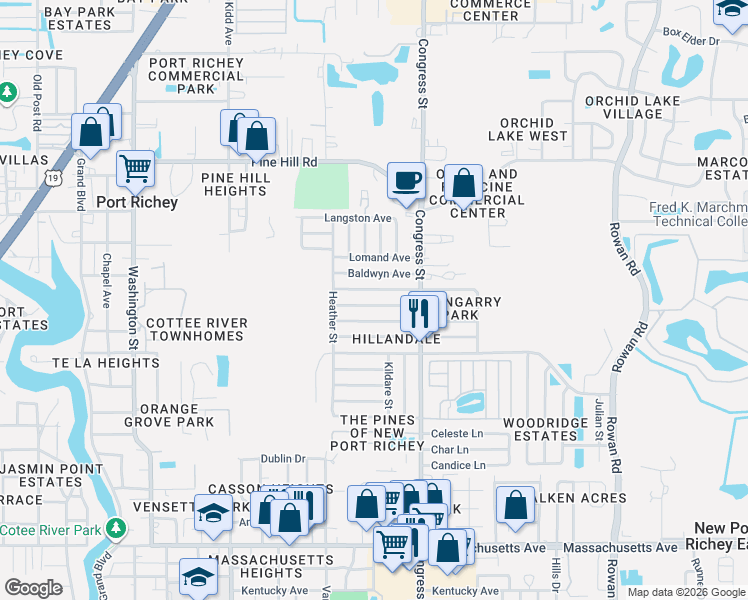 map of restaurants, bars, coffee shops, grocery stores, and more near 6345 Aberdeen Avenue in New Port Richey