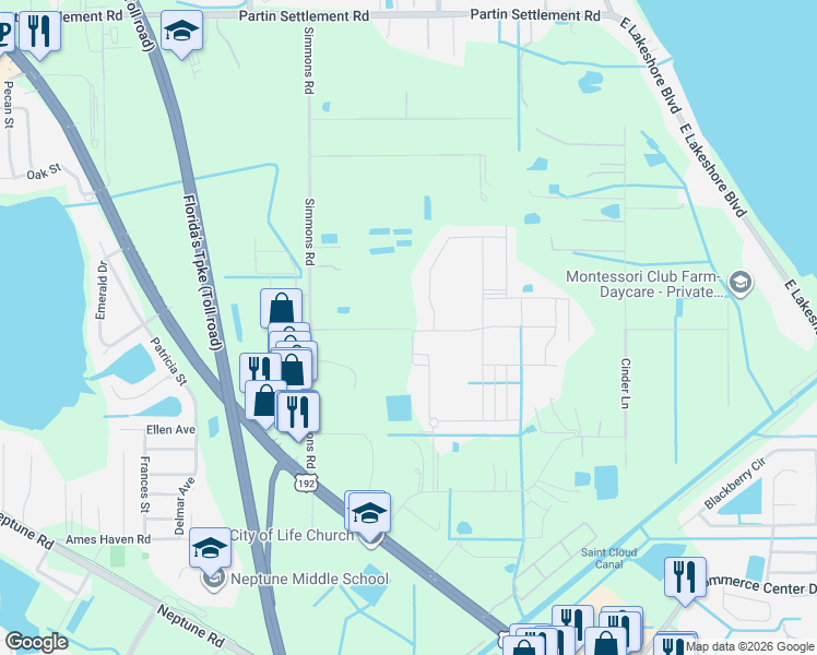 map of restaurants, bars, coffee shops, grocery stores, and more near 2878 Sharp Road in Kissimmee