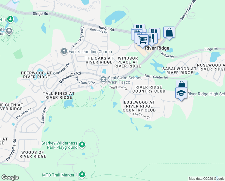 map of restaurants, bars, coffee shops, grocery stores, and more near 7627 Dawson Creek Lane in New Port Richey