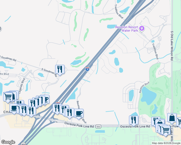 map of restaurants, bars, coffee shops, grocery stores, and more near 8011 Osceola Polk Line Road in Davenport
