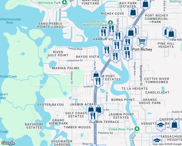 map of restaurants, bars, coffee shops, grocery stores, and more near 5200 Behms Court in Port Richey