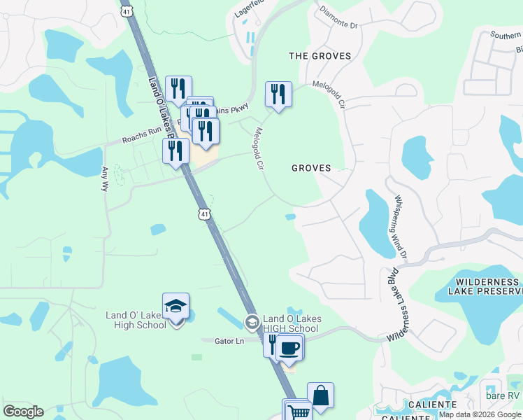 map of restaurants, bars, coffee shops, grocery stores, and more near 7548 Berna Lane in Land O' Lakes