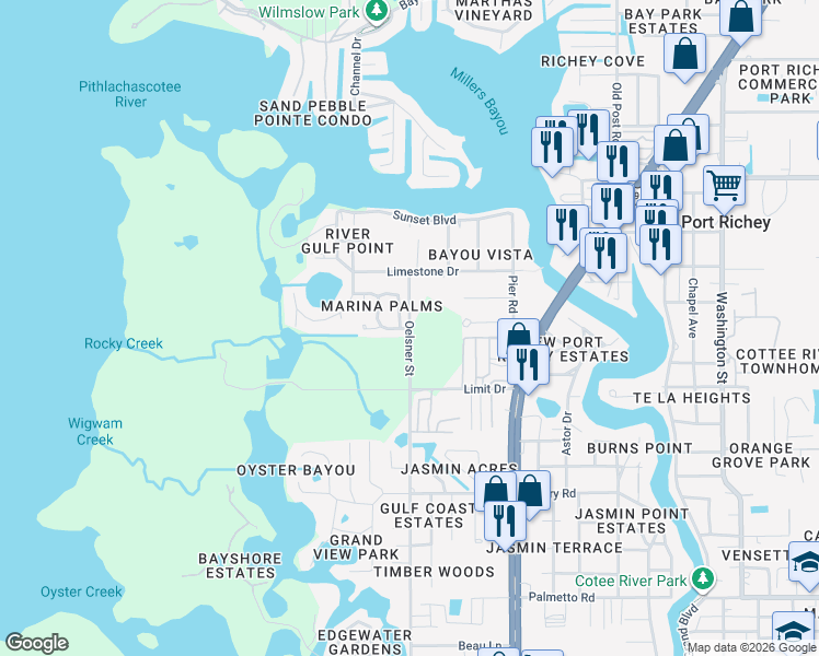 map of restaurants, bars, coffee shops, grocery stores, and more near Oelsner Street in Port Richey