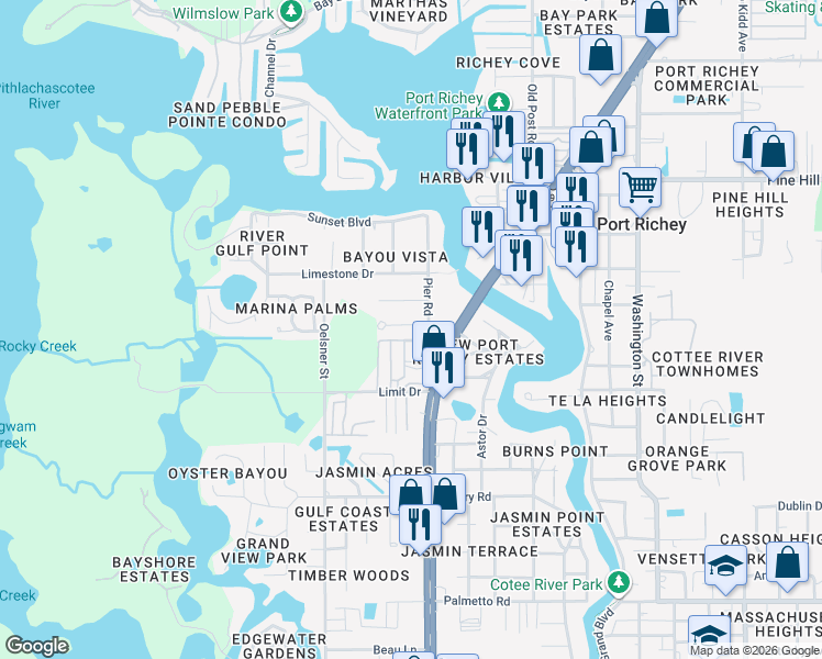 map of restaurants, bars, coffee shops, grocery stores, and more near 5200 Behms Court in Port Richey