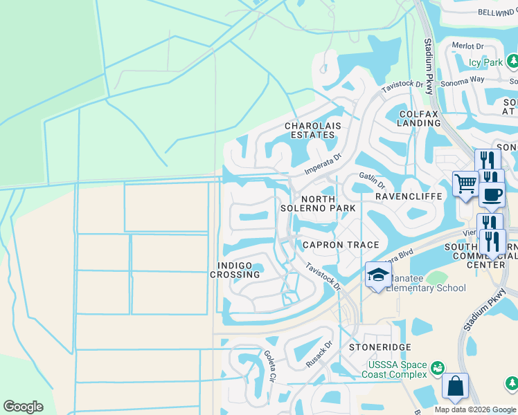 map of restaurants, bars, coffee shops, grocery stores, and more near 5436 Indigo Crossing Drive in Rockledge