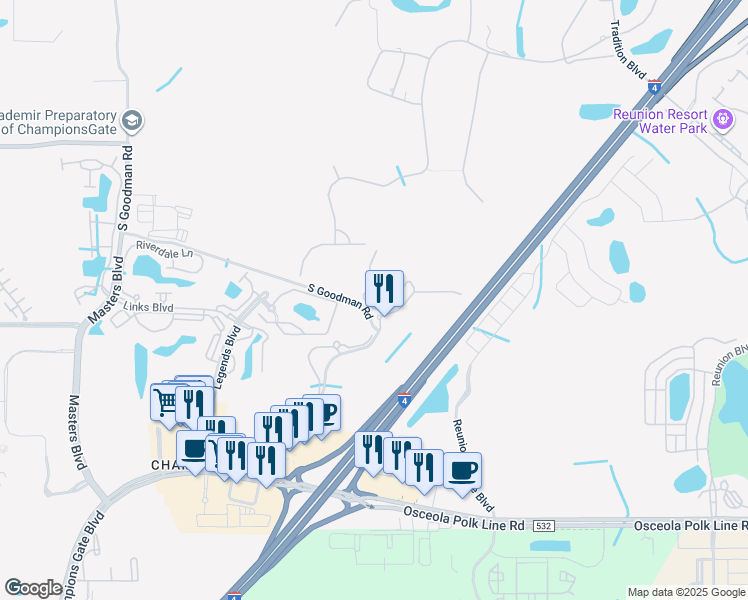 map of restaurants, bars, coffee shops, grocery stores, and more near 1361 Tuscan Terrace in Davenport