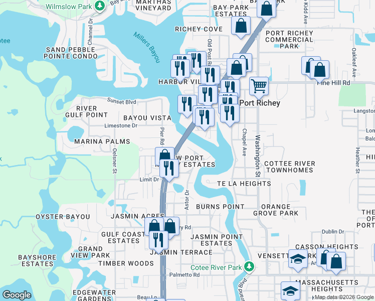 map of restaurants, bars, coffee shops, grocery stores, and more near 5412 Cotee River Drive in Port Richey