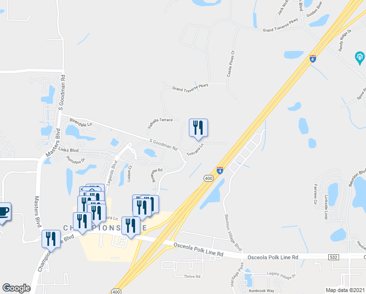 map of restaurants, bars, coffee shops, grocery stores, and more near 1361 Tuscan Terrace in Davenport
