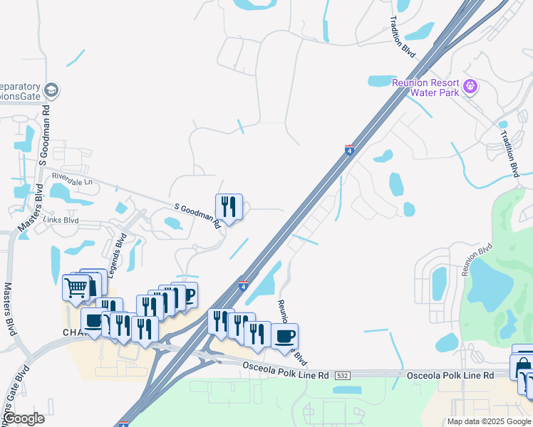 map of restaurants, bars, coffee shops, grocery stores, and more near 1375 Tuscana Lane in Davenport