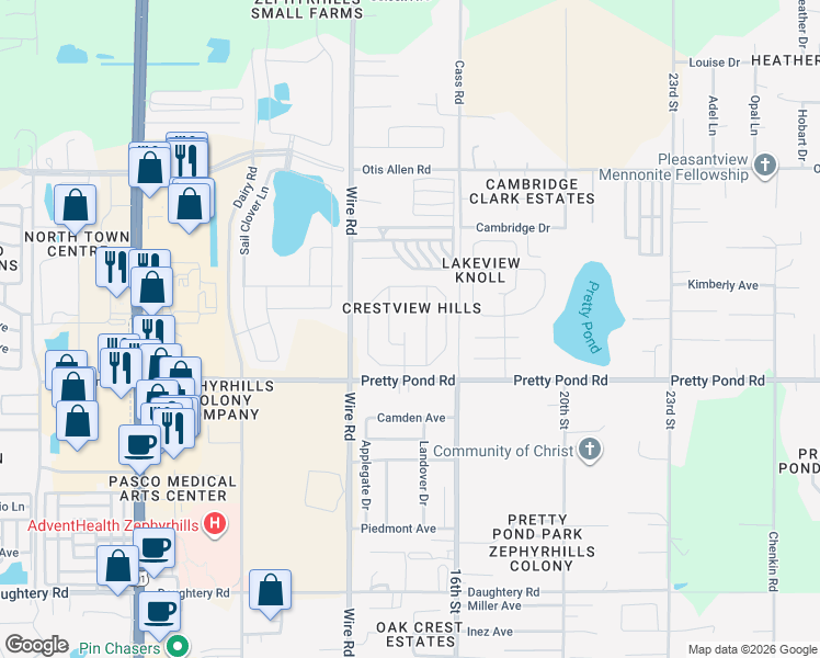 map of restaurants, bars, coffee shops, grocery stores, and more near 7608 Mount Laurel Drive in Zephyrhills