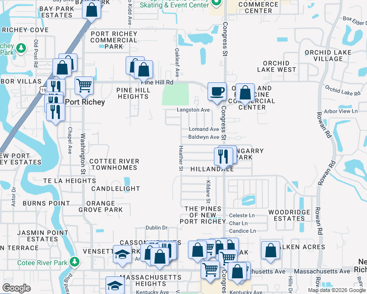 map of restaurants, bars, coffee shops, grocery stores, and more near 7603 Heather Street in Port Richey