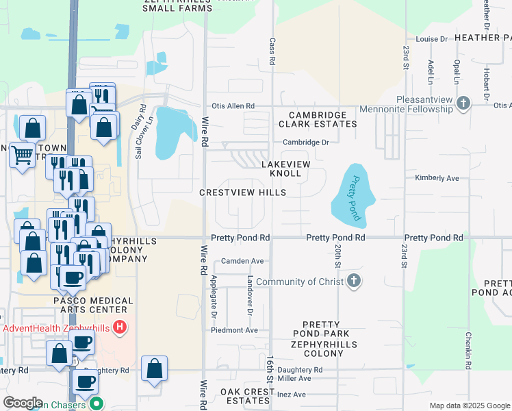 map of restaurants, bars, coffee shops, grocery stores, and more near 7610 Jeno Street in Zephyrhills