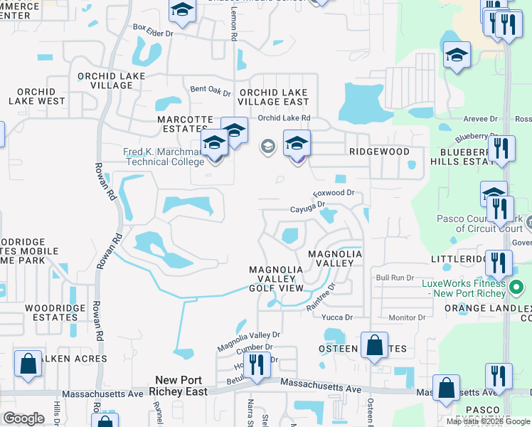 map of restaurants, bars, coffee shops, grocery stores, and more near 7601 Valley Court in New Port Richey