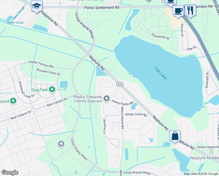 map of restaurants, bars, coffee shops, grocery stores, and more near 2090 Emperor Drive in Kissimmee