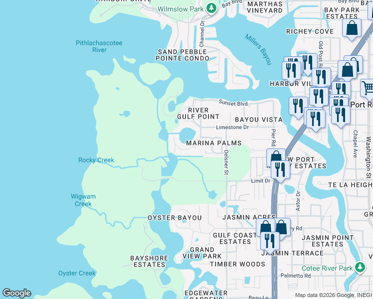 map of restaurants, bars, coffee shops, grocery stores, and more near 7637 Deedra Circle in Port Richey