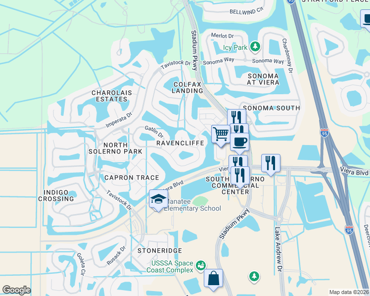 map of restaurants, bars, coffee shops, grocery stores, and more near 5313 Picardy Court in Rockledge