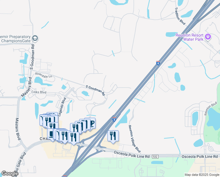 map of restaurants, bars, coffee shops, grocery stores, and more near 1361 Tuscana Lane in Davenport