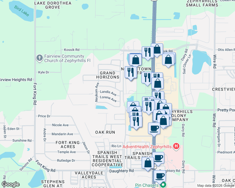 map of restaurants, bars, coffee shops, grocery stores, and more near 7645 Green Slope Drive in Zephyrhills