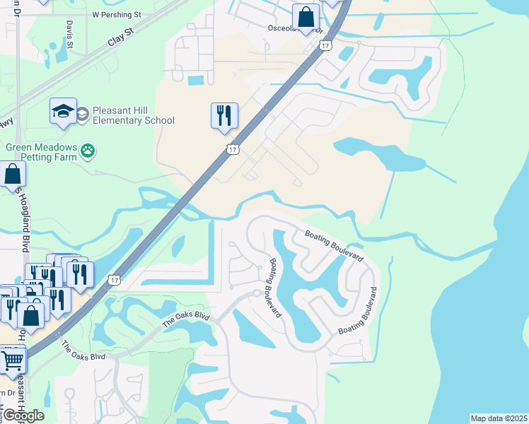 map of restaurants, bars, coffee shops, grocery stores, and more near 2862 Boating Boulevard in Kissimmee