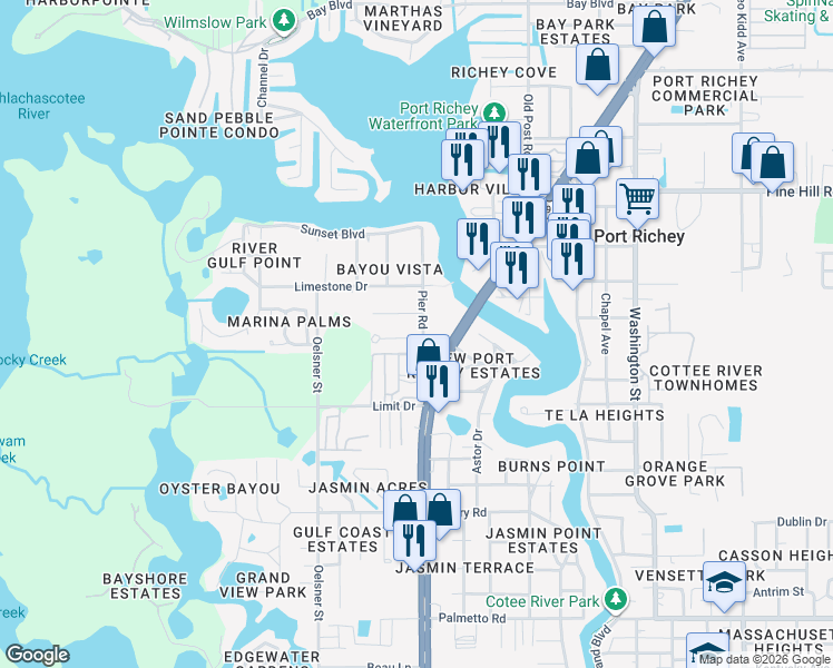 map of restaurants, bars, coffee shops, grocery stores, and more near 7653 Pier Road in Port Richey