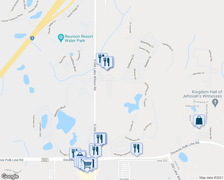 map of restaurants, bars, coffee shops, grocery stores, and more near 1307 Seven Eagles Court in Osceola County