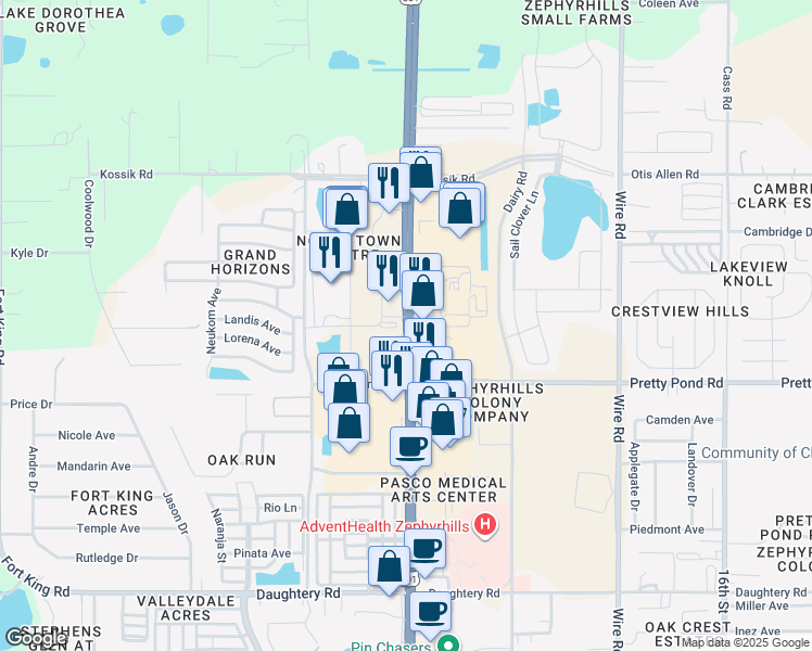 map of restaurants, bars, coffee shops, grocery stores, and more near 7623 Gall Boulevard in Zephyrhills