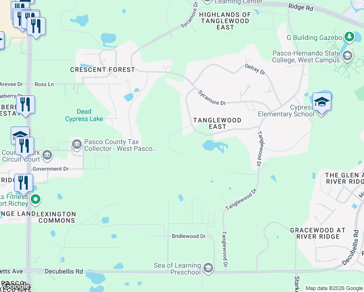 map of restaurants, bars, coffee shops, grocery stores, and more near 7746 Mokena Court in New Port Richey