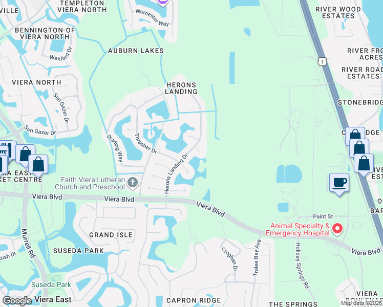 map of restaurants, bars, coffee shops, grocery stores, and more near 5740 Herons Landing Drive in Rockledge